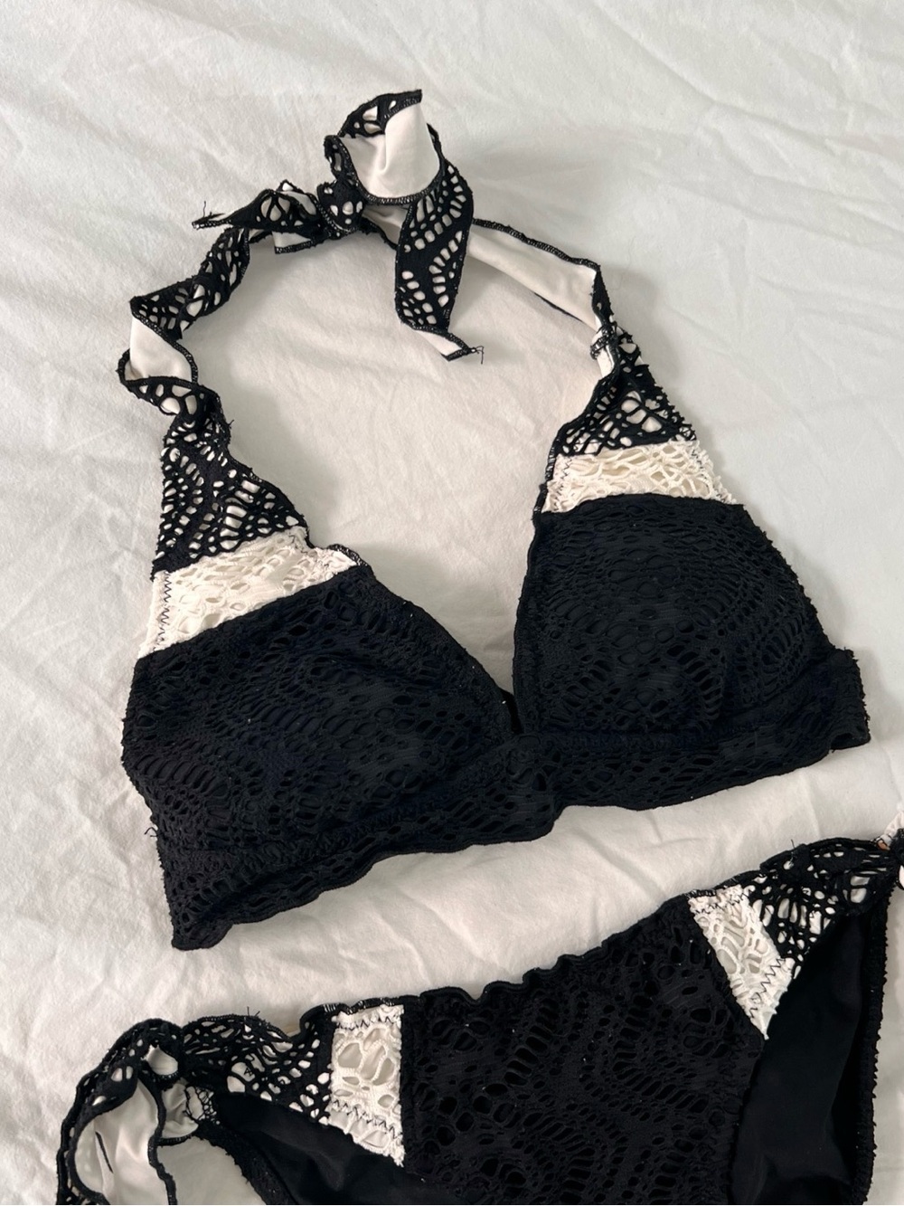 Women’s Black and White Crochet Halter Bikini Top and Bottom Set